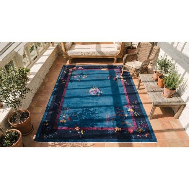 Textile 1920s Blue Floral Antique Chinese Art Deco Rug 9'2" X 11'8" Handknotted Wool Carpet For Sale - Image 7 of 9