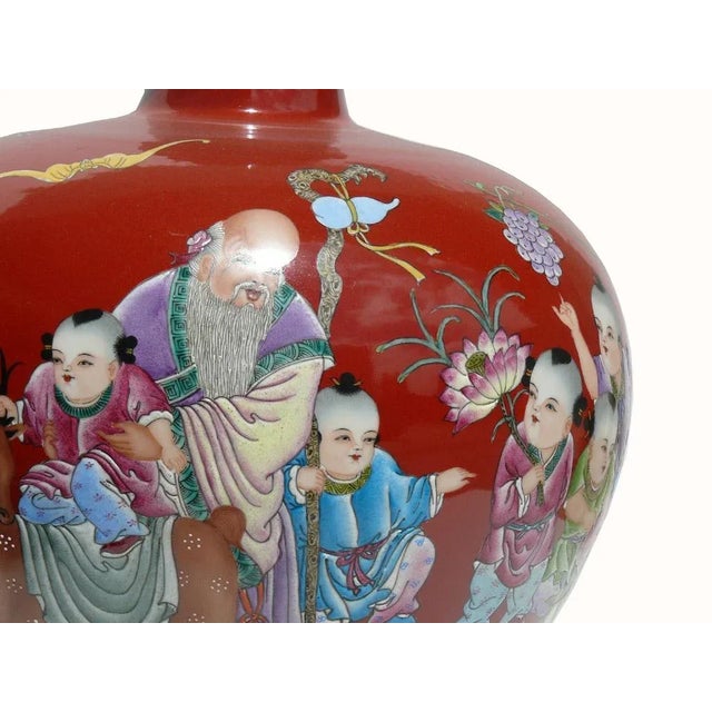 Red Painted Chinese Longevity Old Man & Kids Vase For Sale In San Francisco - Image 6 of 6