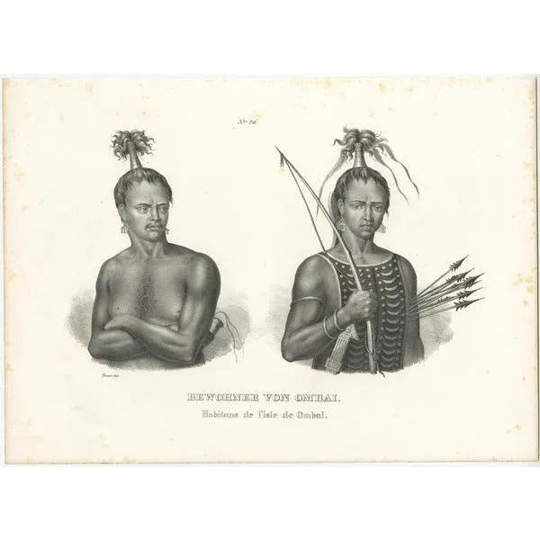 Antique print titled 'Inhabitants of Ombai, Habitans de l'isle de Ombai'. This print depicts natives from Ombai,...