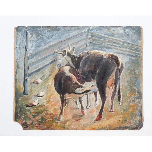 Rustic Vintage 1930's Cow & Calf Painting For Sale - Image 3 of 7