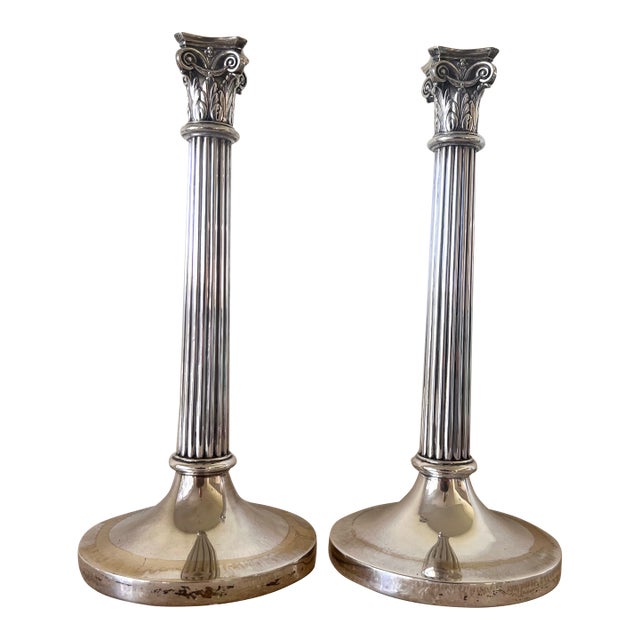 Pair of Antique European 800 Fine Silver Corinthian Column Candlesticks For Sale