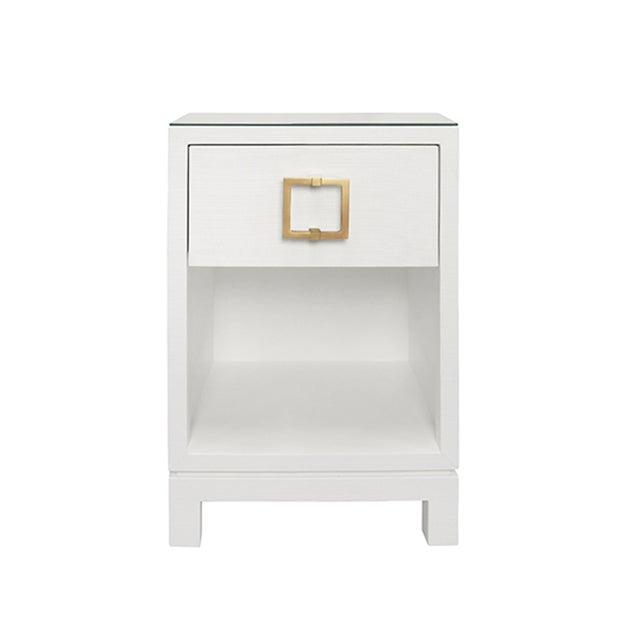 Metal Matthew Izzo Home Blair White Textured Linen One Drawer Side Table With Brass Hardware and Glass Top For Sale - Image 7 of 7