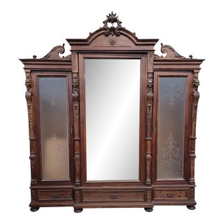 Late 19th Century Antique Large Three Section Victorian Armoire For Sale
