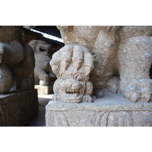 Light Gray Late 20th Century Vintage Chinese Concrete Foo Dogs Guardian Lion Statues- A Pair For Sale - Image 8 of 13