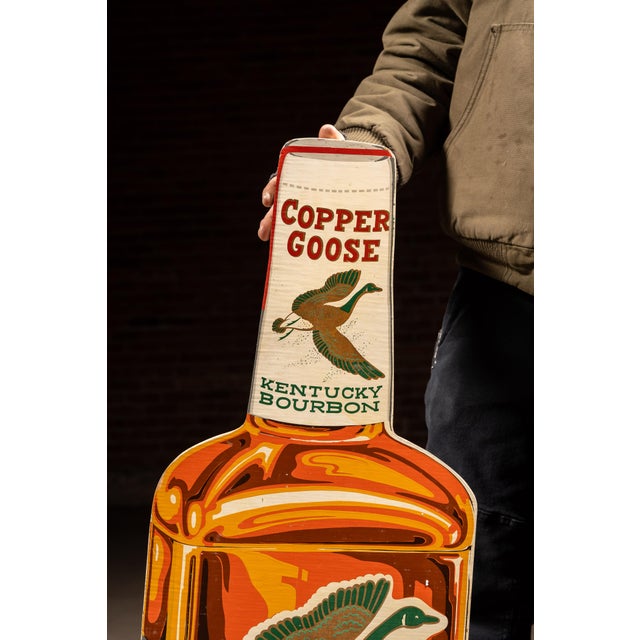 Illustration Vintage Double-Sided Copper Goose Bourbon Figural Bottle Advertising Sign For Sale - Image 3 of 8