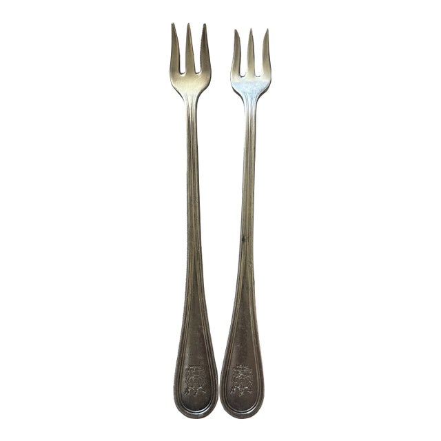 Antique International Silver Co. Hotel Ware Silver Plate Trident Oyster Forks Set of 2 From the Parker House Hotel in Boston Circa 1910 For Sale