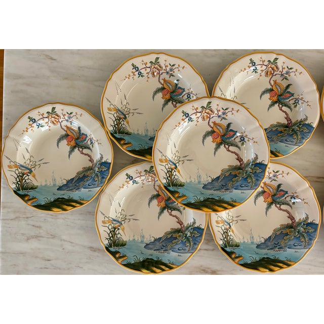 Gien Vintage Chinoiserie Gien Faiencerie "Magellan" Rim Soup Plates- Set of 12 For Sale - Image 4 of 11