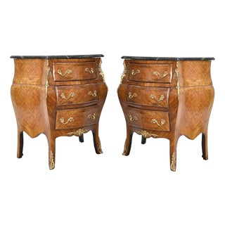 1950s Pair of French Style 3 Drawer Marble Top Nightstands For Sale