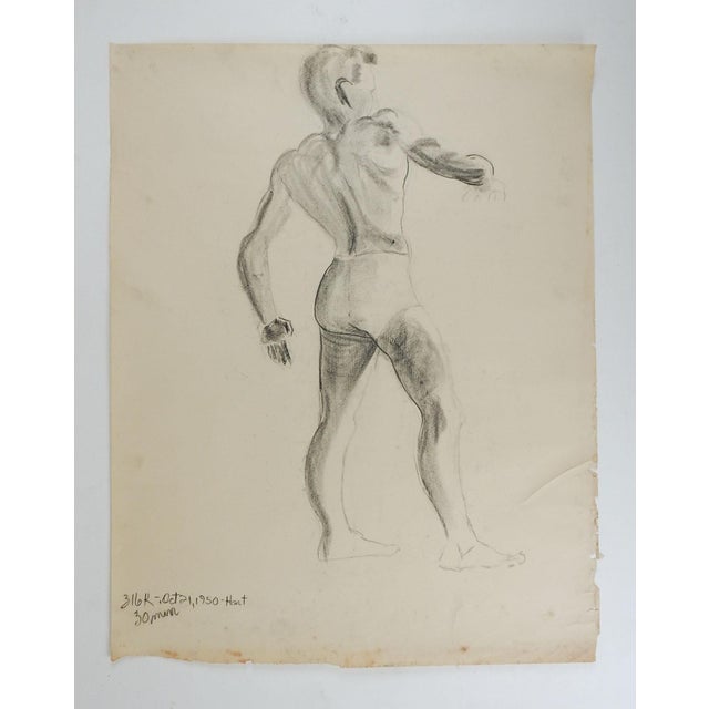 Vintage 1950 charcoal on paper male figural study by Geneva Flores Hart Fell (1906-2008) Texas. Signed and dated lower...
