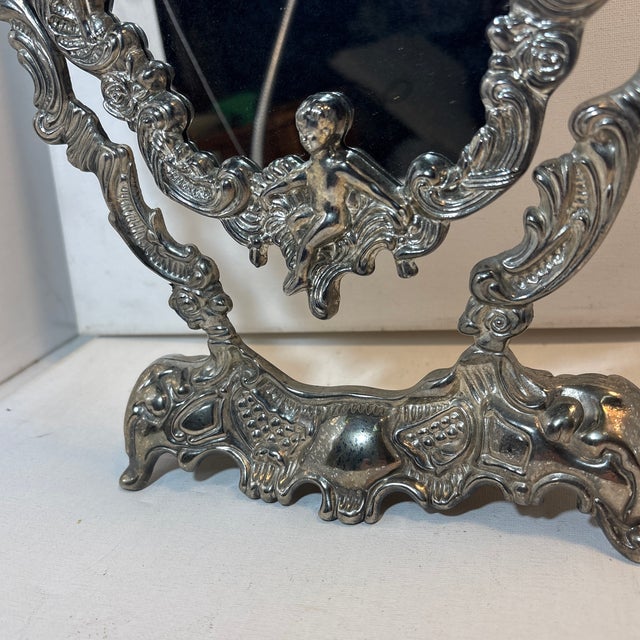 Art Nouveau Vintage Ornate Vanity Mirror With Cherub Design For Sale - Image 3 of 11