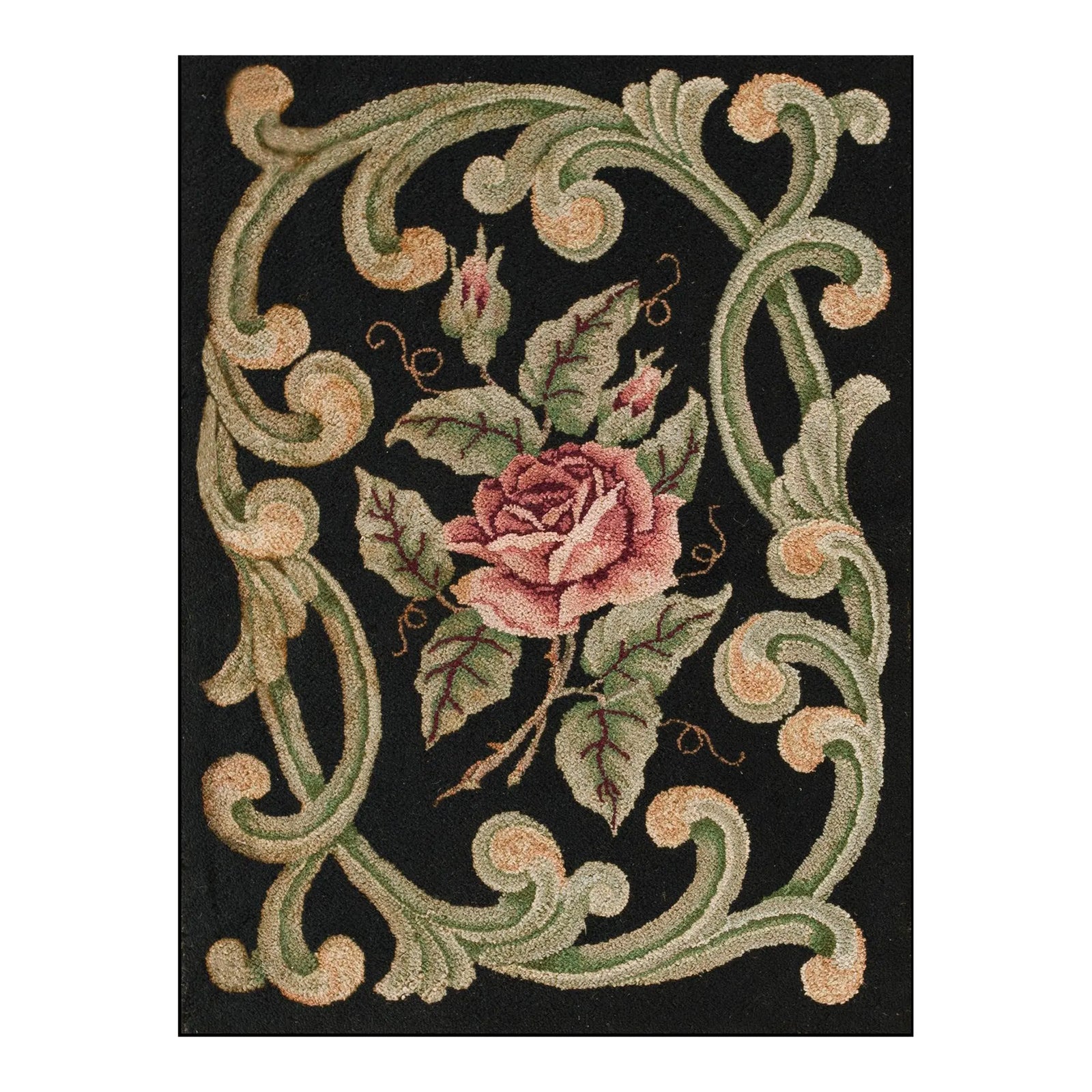 1920s Black Floral Folk Art Antique American Hooked Rug 2'2