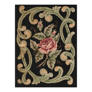1920s Black Floral Folk Art Antique American Hooked Rug 2'2" X3'0" Handknotted Wool Carpet For Sale
