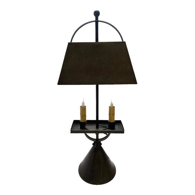 1990s Colonial Tin Metal Two-Candle Light Table Accent Lamp Primitive For Sale