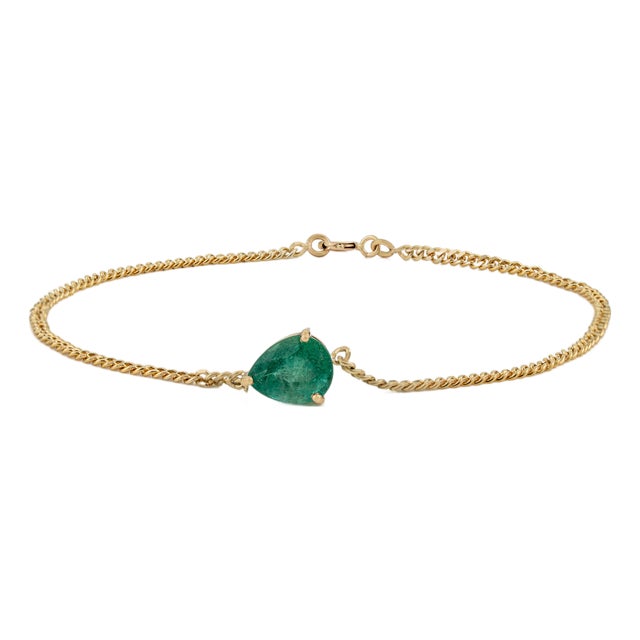 14k Yellow Gold 1.85Ct Emerald Solitaire Teardrop Curb Chain Bracelet For Sale