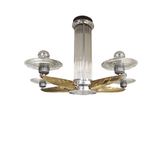 Mid-Century Modern Early 20th Century Petitot Signed Bronze, Nickel, Aluminum, Glass Five Arm Skyscraper Chandelier For Sale - Image 3 of 18