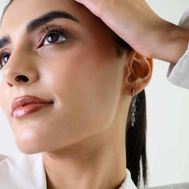 Metal 14k White Gold Dangle Earrings of Blue Sapphire & Natural Diamonds- 2 Pieces For Sale - Image 7 of 12