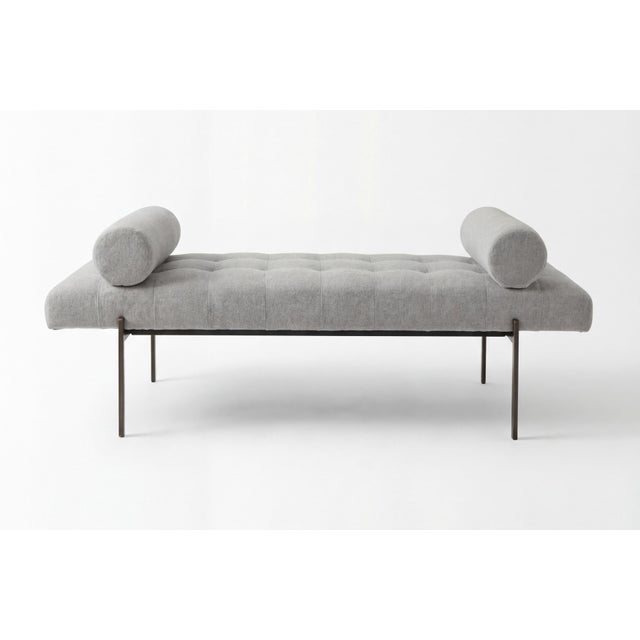 This is a gorgeous mid-century modern upholstered bench, newly upholstered in a Lawson mohair with blind tufting and...