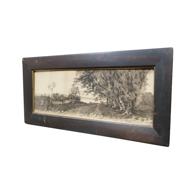 Realism Antique Ernest C Rost Country Road Cottage Trees Lake Landscape Etching 30" For Sale - Image 3 of 11