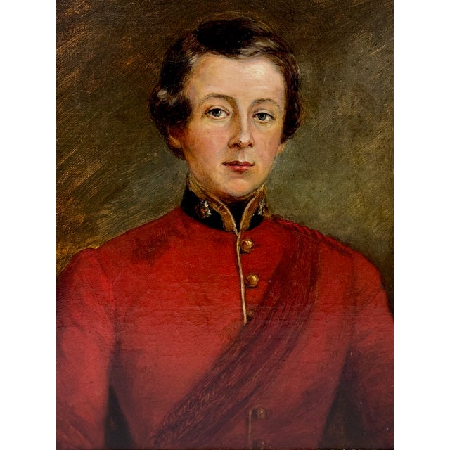 1 British 19th Century Military Oil Painting Portrait Red Coat Victorian Young Junior Infantry Officer Second Lieutenant...