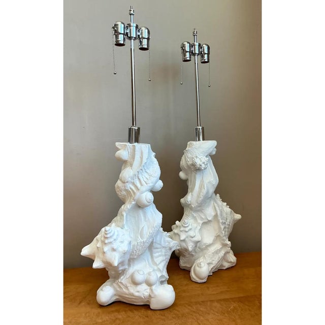 Vintage White Plaster Shell Table Lamps - Pair For Sale - Image 4 of 12