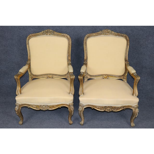 French 19th C Pair French Louis XV Yellow Carved Giltwood Armchairs For Sale - Image 3 of 17