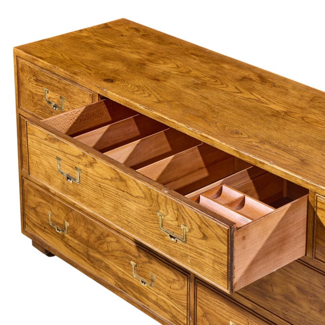 Wood Henredon Campaign Mid Century Oak and Brass Lowboy Dresser For Sale - Image 7 of 11