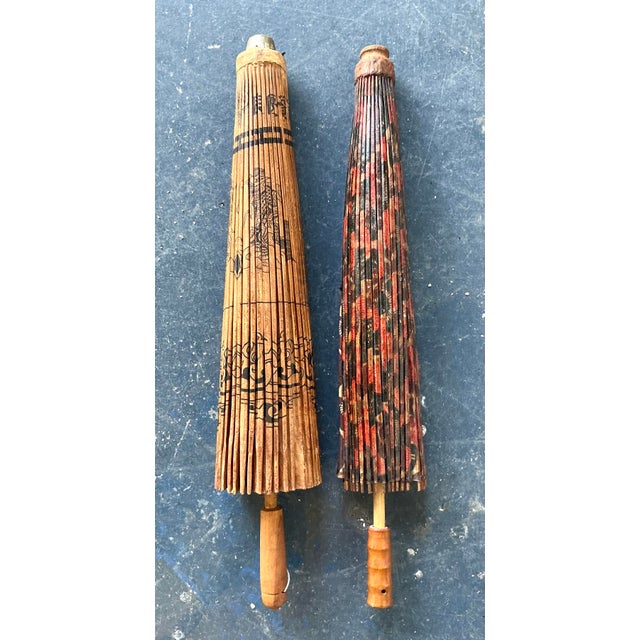 Vintage Boho Asian Patinated Paper Parasols - Set of 2 For Sale - Image 9 of 12
