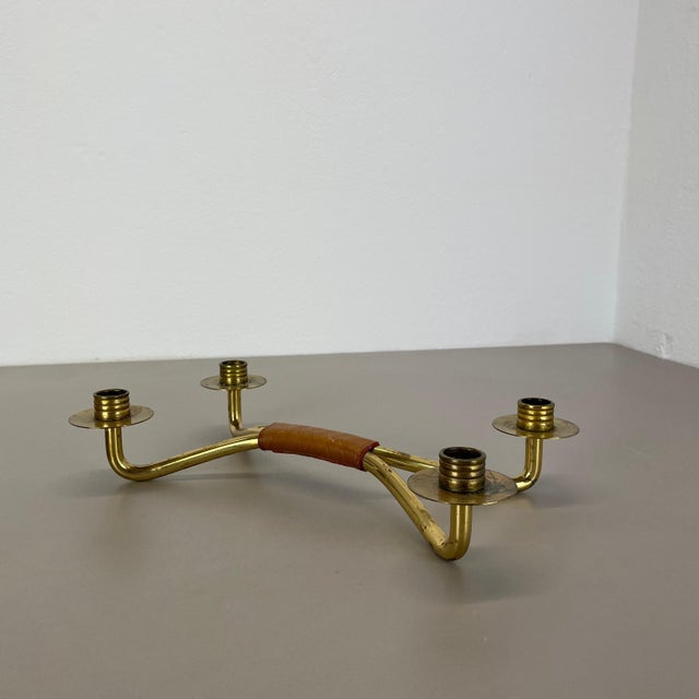 Modern Brutalist Brass and Leather Candleholder in the style of Auböck, 1950s For Sale - Image 3 of 18