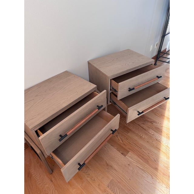 Pair of Four Hands Rosedale Nightstands in Yucca Oak With Leather Accents – Excellent Condition For Sale - Image 9 of 11
