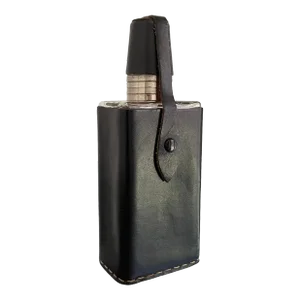 German Mid 20th Century Hand Stitched Black Leather Glass Flask / Shot Glass Set- 5 Pieces