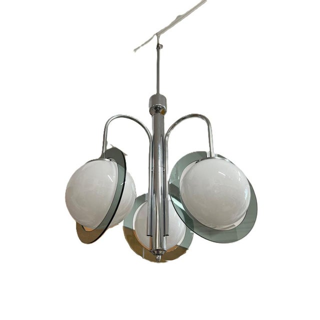 vintage 1970s space age steel and glass chandelier 3-light point with glass globe decoration chromed steel frame in...