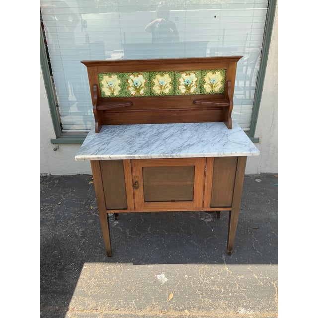Wood Antique Vanity Cabinet With Marble Top and Decorative Tiles For Sale - Image 7 of 7