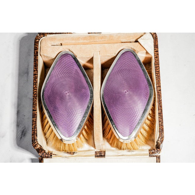 Wonderful Antique English Hallmarked Sterling Silver Vanity Brush Set Presentation Box Purple Celluloid Guilloché Style Edwardian Home Decor For Sale - Image 14 of 18