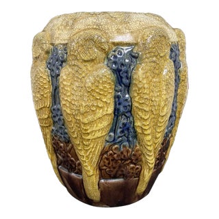 "Golden Parakeets" Large, Rare Art Deco Vase in Gold, Ivory and Deep Blue For Sale