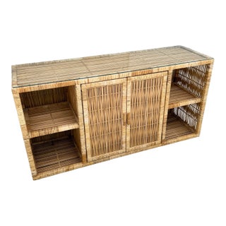 Boho Chic Wicker Wrapped Credenza With Glass Top For Sale