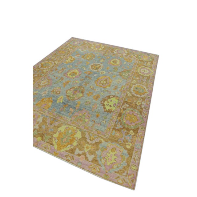 Early 21st Century Blue & Pink Handwoven Wool Turkish Oushak Rug 6'9" X 8'4" For Sale - Image 4 of 6