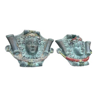 Pair of Vintage Neoclassical Cast Bronze Maiden Mask Wall Fountain For Sale
