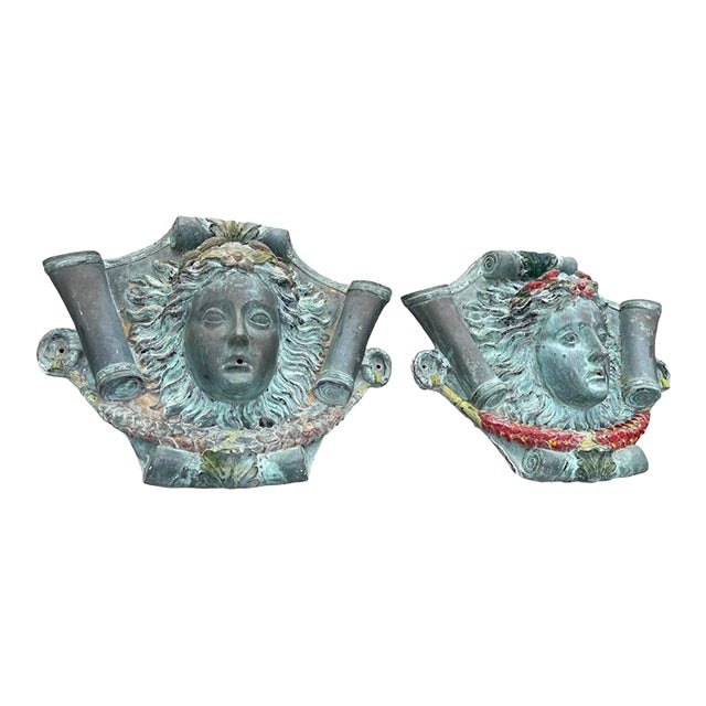 Pair of Vintage Neoclassical Cast Bronze Maiden Mask Wall Fountain For Sale