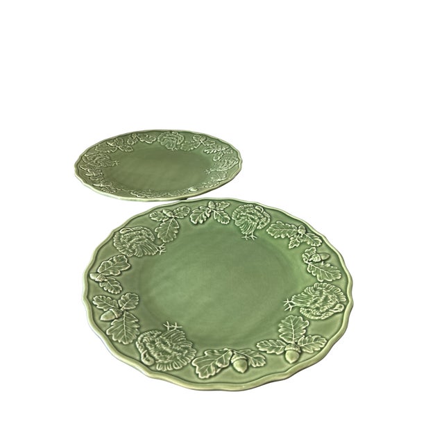 Vintage Bordallo Pinheiro Turkey Green Majolica Platter – Portuguese Ceramic Thanksgiving Serving Plate with Turkey, Oak...