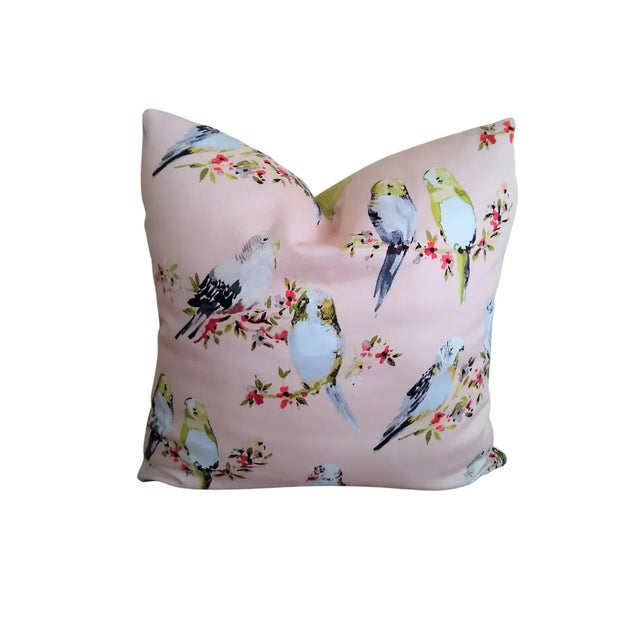 This one-of-a-kind down-alternative decorative pillow features an absolutely beautiful French country lovebird print in...