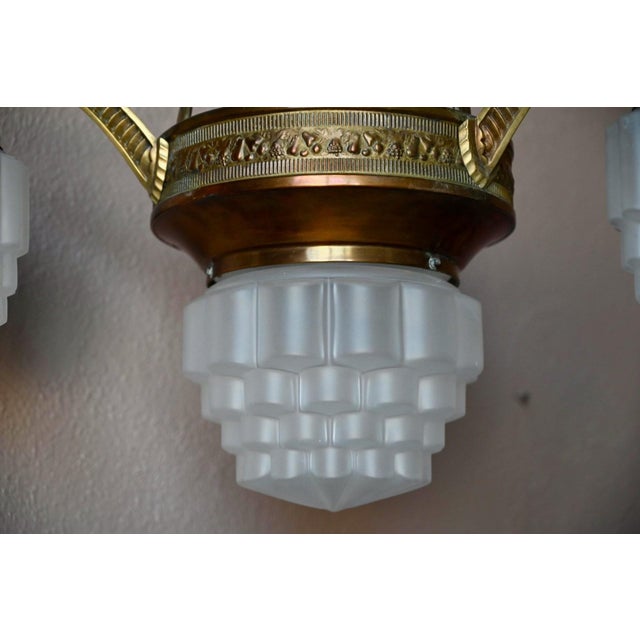 Art Deco Brass and Frosted Pressed Glass Chandelier, 1920s For Sale - Image 14 of 18