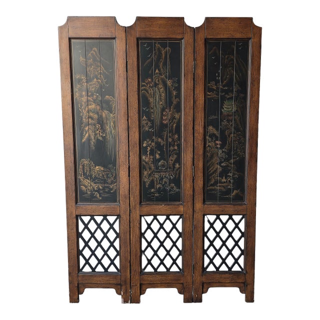 Vintage Hand Painted Chinoiserie Style 3 Panel Divider Screen For Sale