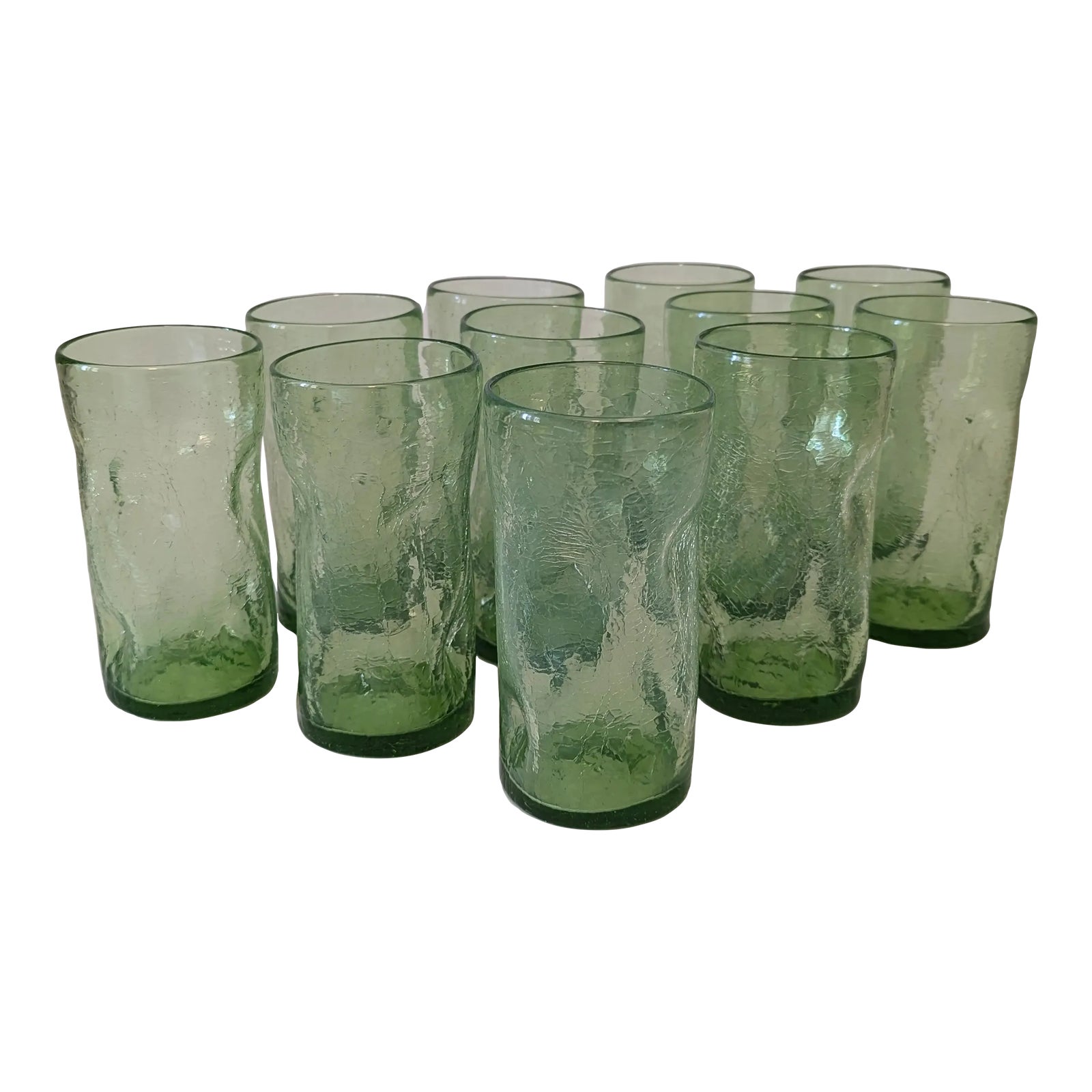 Vintage Blenko Attributed Sea Green Crackled Dimple Glasses - Set of 11 ...