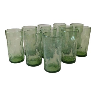 Vintage Blenko Attributed Sea Green Crackled Dimple Glasses - Set of 11 For Sale