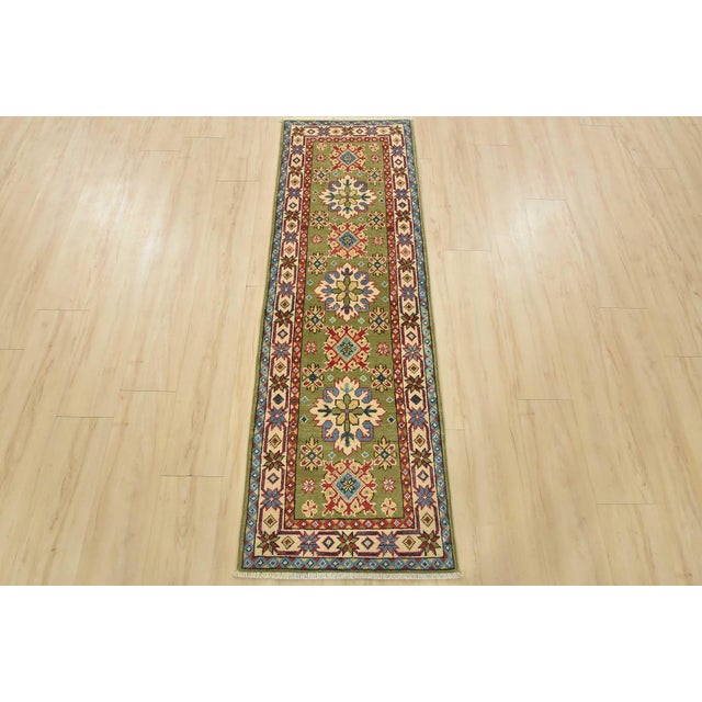 Farmhouse Kazak Runner 2′ X 6’2” Green Wool Tribal Hand-Knotted Oriental Rug For Sale - Image 3 of 11
