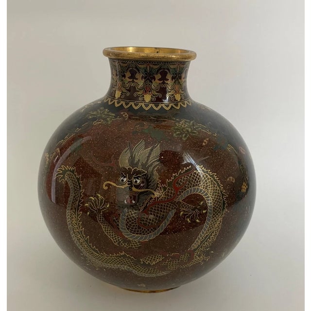 Exceptional Antique Japanese Cloisonné Vase – Brown Gold Fleck (Aventurine) Dragon Motif – Meiji Period Artistry For Sale - Image 9 of 15