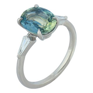 Mid 20th Century Gia 2.60 Carat Teal Sapphire Diamond Platinum Engagement Ring, Size 6.5 For Sale