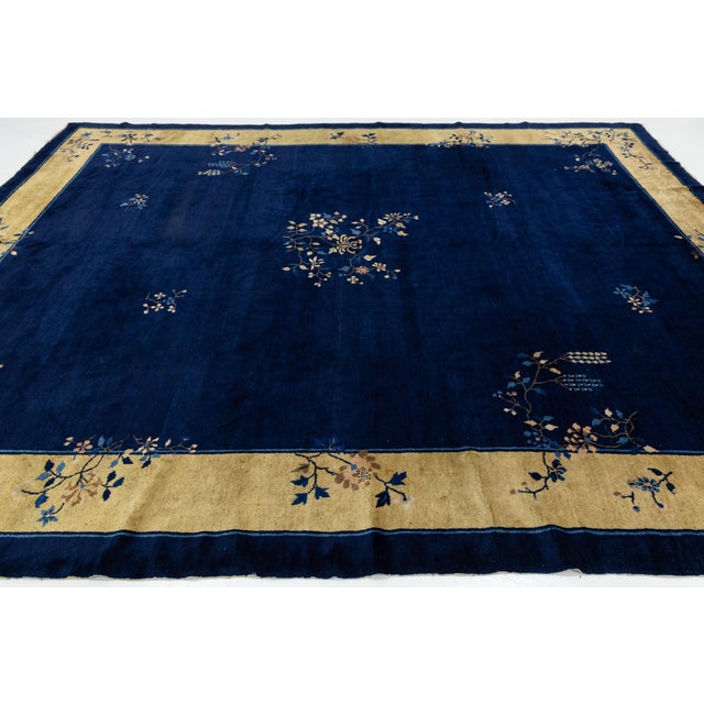 2020s 1920s Antique Chinese Art Deco Wool Rug in Midnight Blue & Ochre Gold For Sale - Image 5 of 12