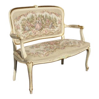 Vintage French Louis XVI Style Floral Settee ~ Needle Point Tapestry For Sale