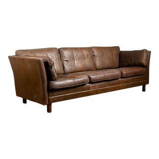 1960s Mid Century Danish Modern Sofa Couch Dark Brown Leather Stouby 3 Seat Denmark Vg For Sale